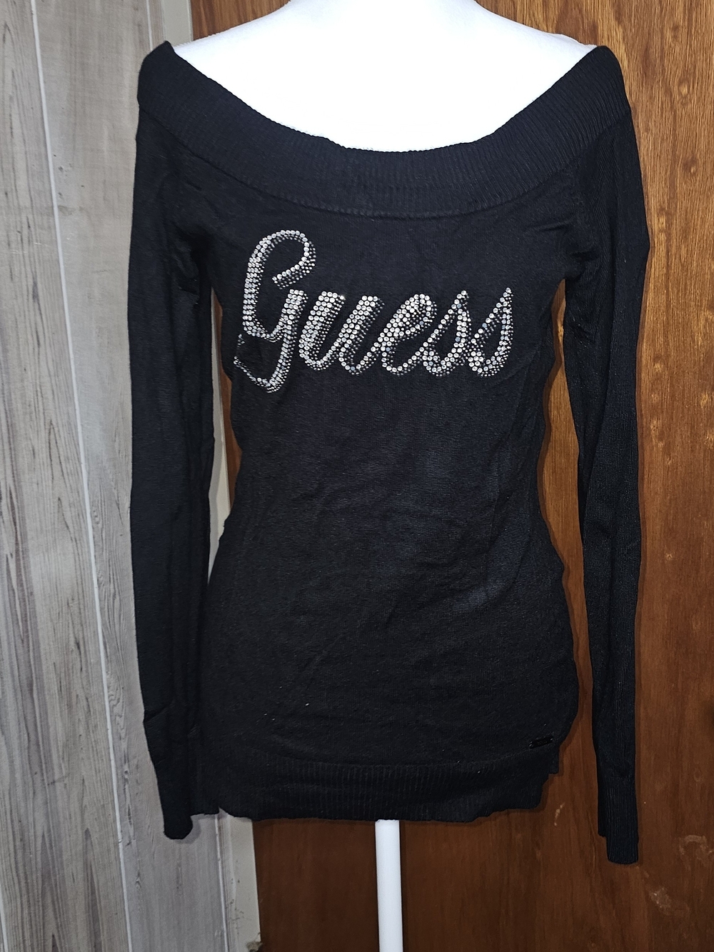 GUESS Women's Black Off-Shoulder Rhinestone Logo Sweater